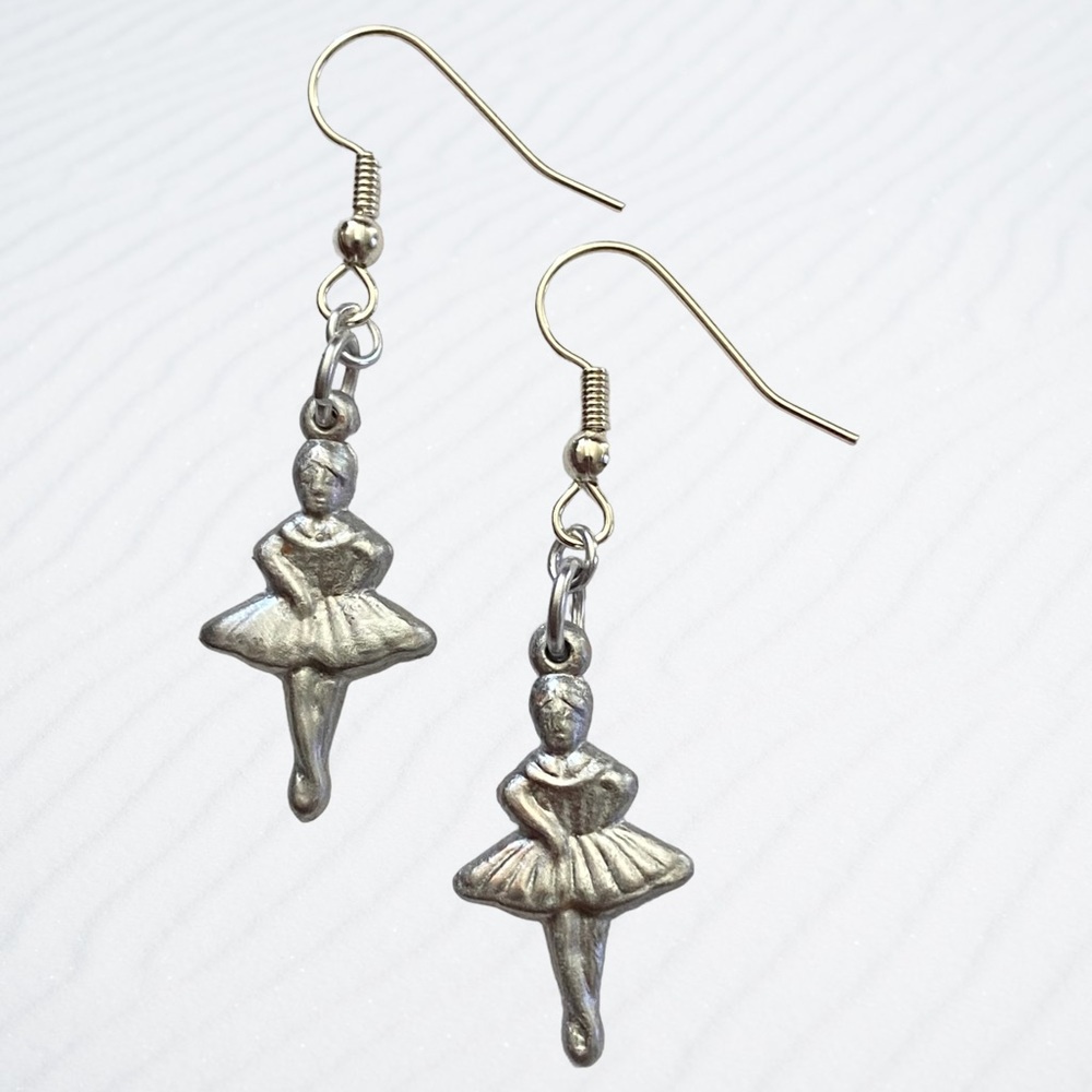 Hand Crafted Earrings Ballerina Chrome Silver Dangle Ballet Dancer Pierced - Picture 2 of 7